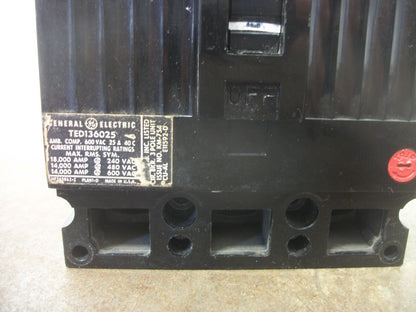 GE TED CIRCUIT BREAKER TED136025 25AMP 600VOLT 3POLE BLACK