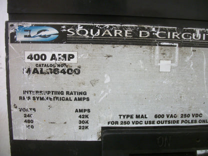 SQUARE D MAL CIRCUIT BREAKER MAL36400 400AMP 600VOLT 3POLE GRAY