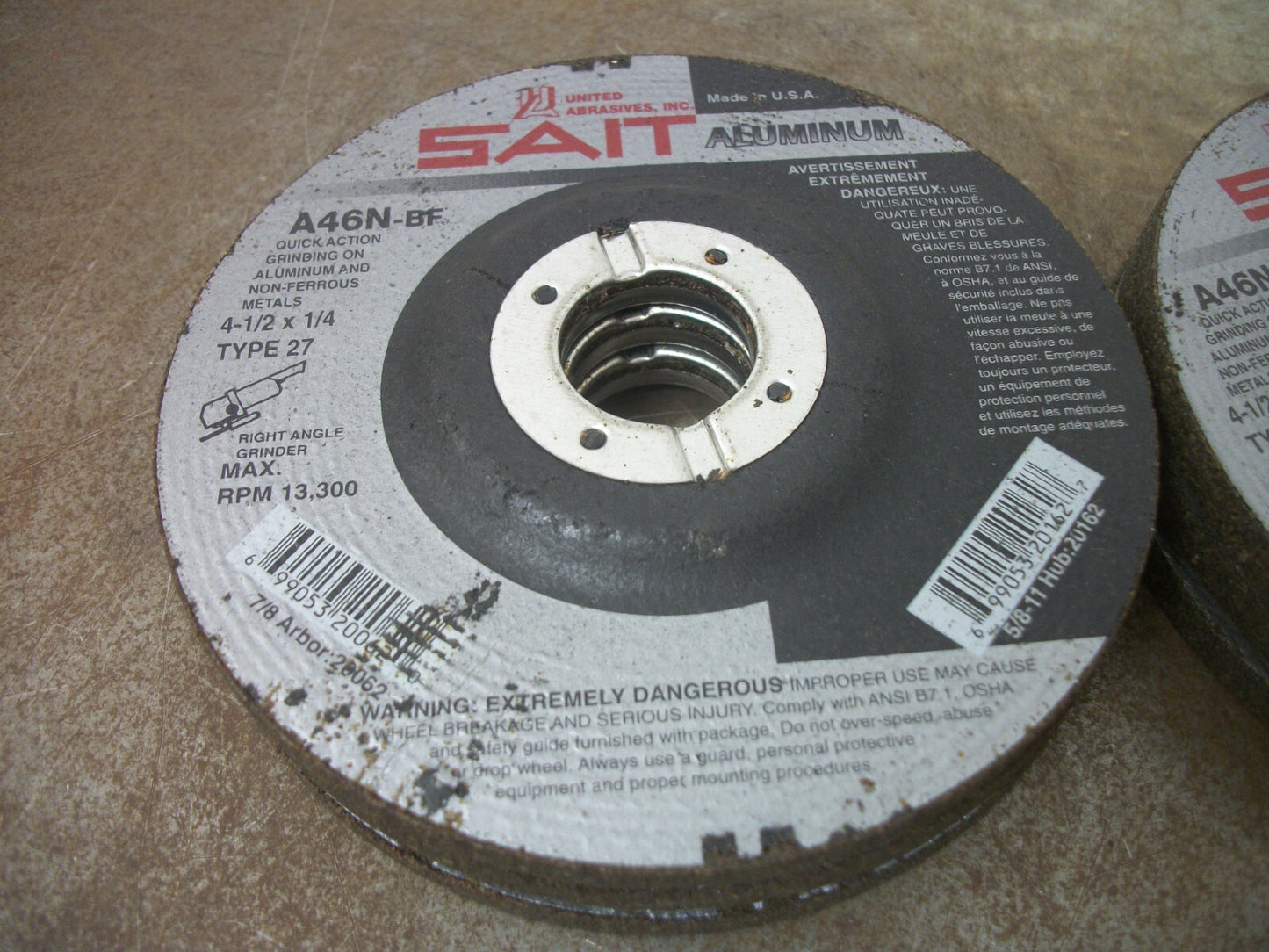 UNITED ABRASIVES LOT OF 6 SAIT 4-1/2X1/4 TYPE 27 ALUMINUM GRINDING DISCS A46N-BF