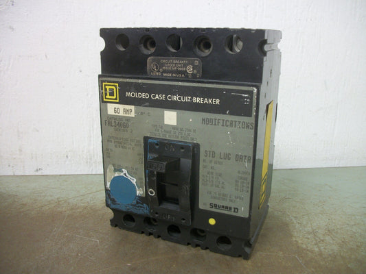 SQUARE D FAL CIRCUIT BREAKER FAL34060 60AMP 480VOLT 3POLE GRAY