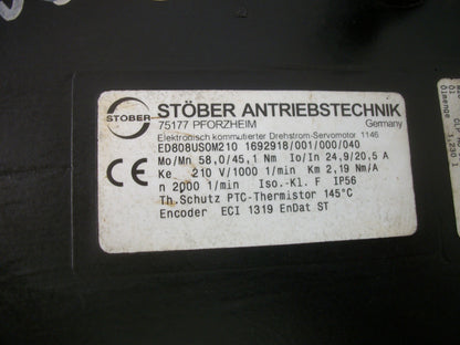 STOBER SERVO MOTOR ED808US0M210 1692918/001/000/040 P822SPR0200ED808U