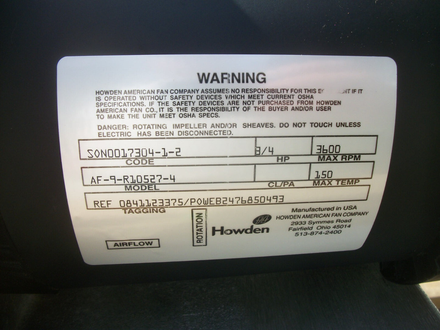 HOWDEN 3/4HP RADIAL BLADE BLOWER AF-9-R10527-4 3600RPM NOB