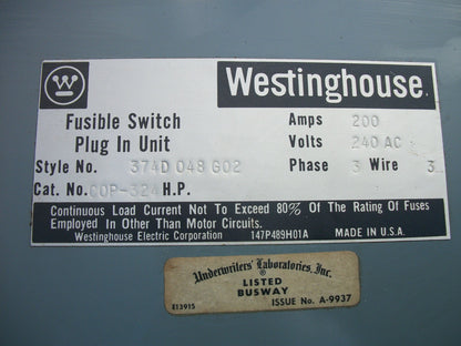 WESTINGHOUSE FUSIBLE BUS PLUG COP324 200AMP 240VOLT 3PH 3W