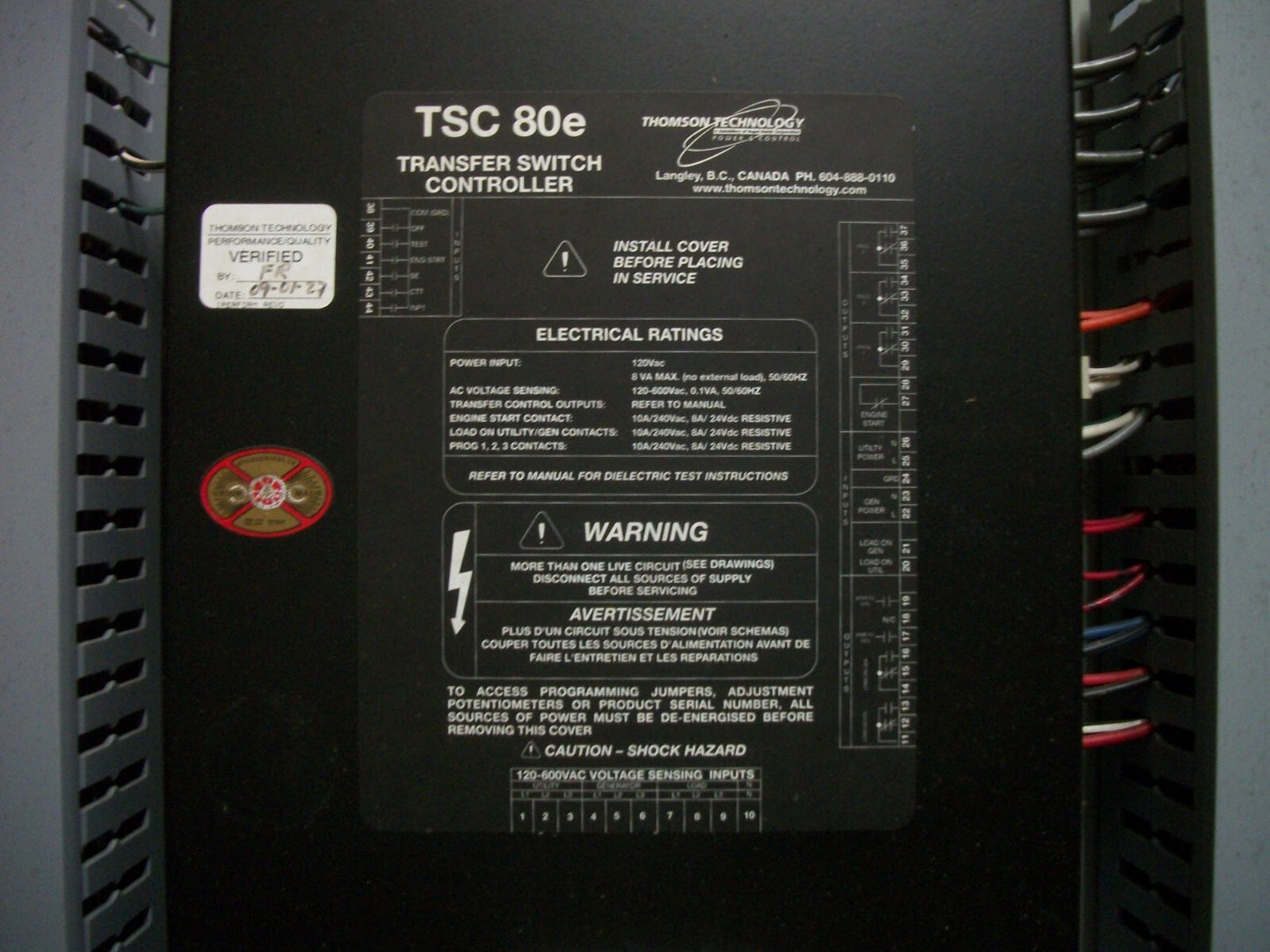 THOMSON AUTOMATIC TRANSFER SWITCH TS873A0400A1AE3AKKAA 400AMP 600VOLT 3PH