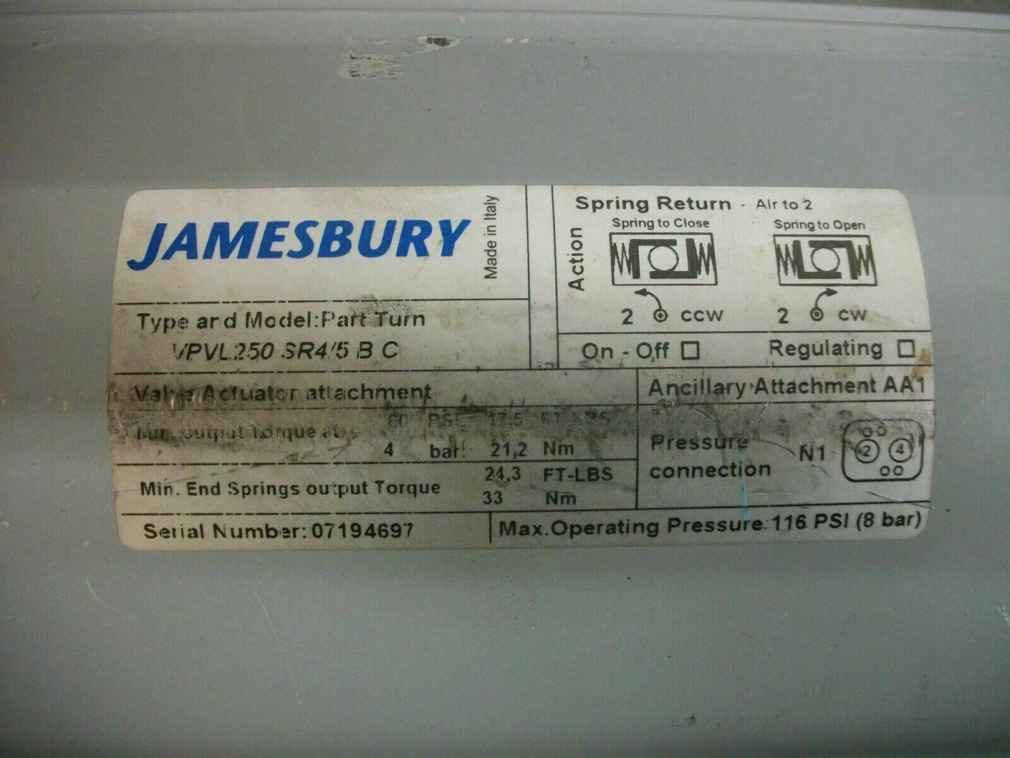 JAMESBURY SPRING RETURN PNEUMATIC ACTUATOR VPVL250-SR4/5BC 116PSI W/ASSEMBLY NOB