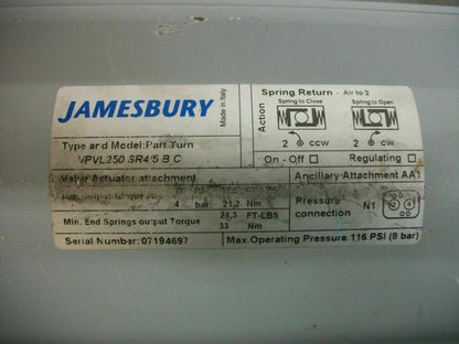 JAMESBURY SPRING RETURN PNEUMATIC ACTUATOR VPVL250-SR4/5BC 116PSI W/ASSEMBLY NOB