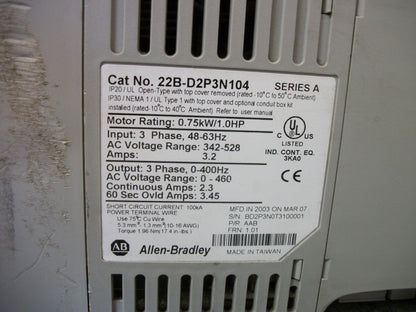 ALLEN-BRADLEY POWERFLEX 40 1HP AC DRIVE 22B-D2P3N104 460VOLT 3PH 2.3AMP