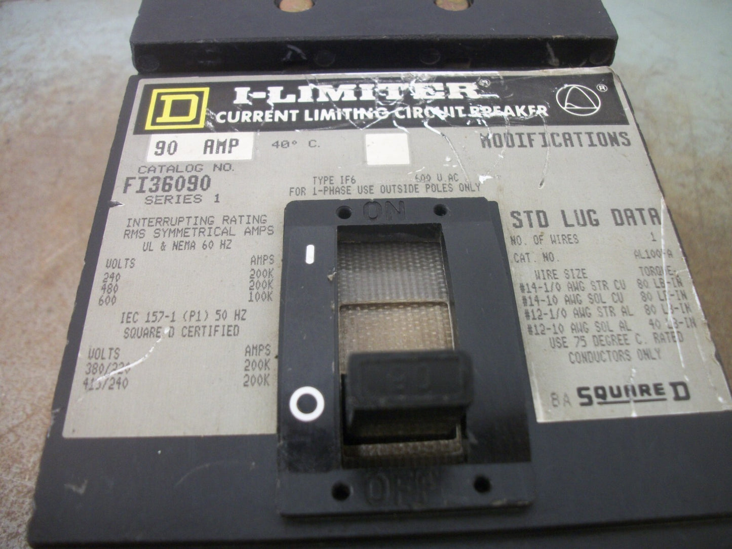 SQUARE D I-LIMITER I-LINE FI CIRCUIT BREAKER FI36090 90AMP 600VOLT 3POLE GRAY