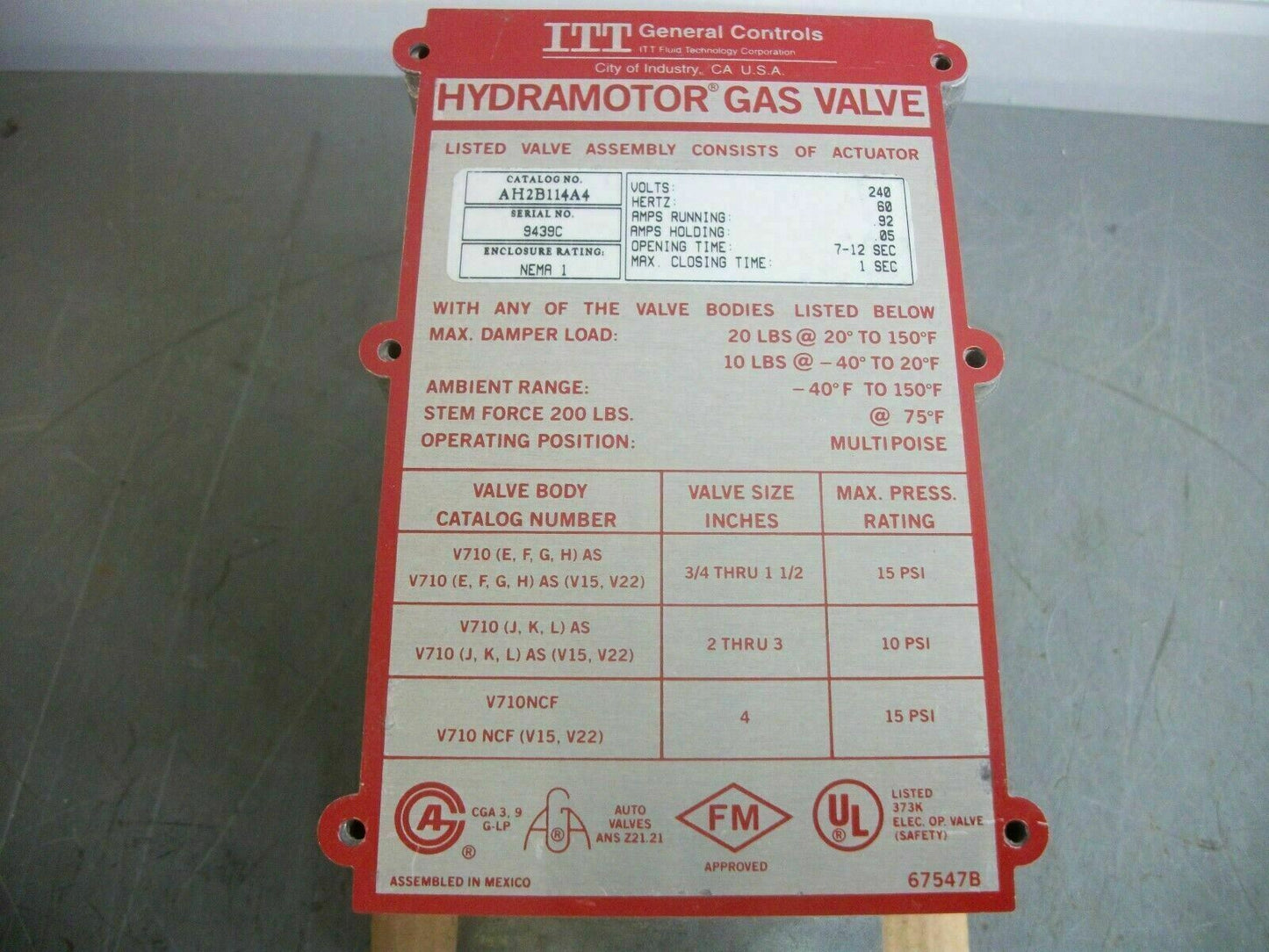 ITT HYDRAMOTOR ACTUATOR W/DAMPER SHAFT & ARM AH2B114A4 240VOLT NIB