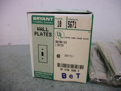 BRYANT BOX OF 10 SINGLE SWITCH SS WALL PLATES S671 NIB