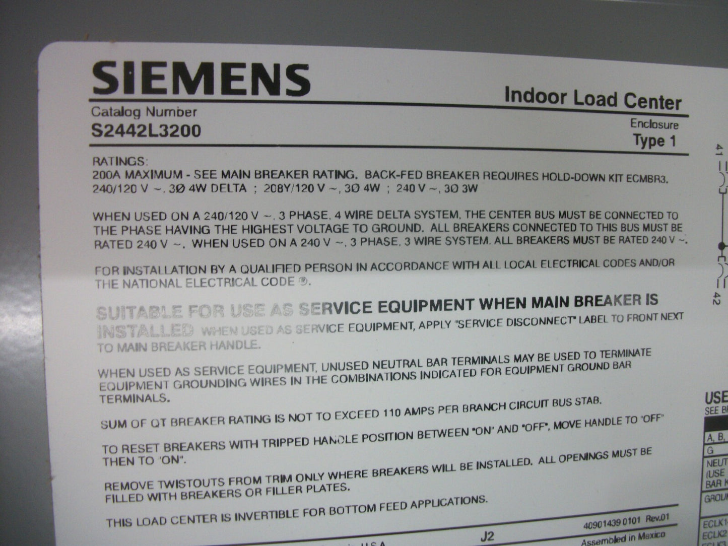 SIEMENS ES SERIES LOAD CENTER PANELBOARD S2442L3200 200AMP 240VOLT 3PH 3-4W NIB