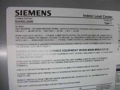 SIEMENS ES SERIES LOAD CENTER PANELBOARD S2442L3200 200AMP 240VOLT 3PH 3-4W NIB