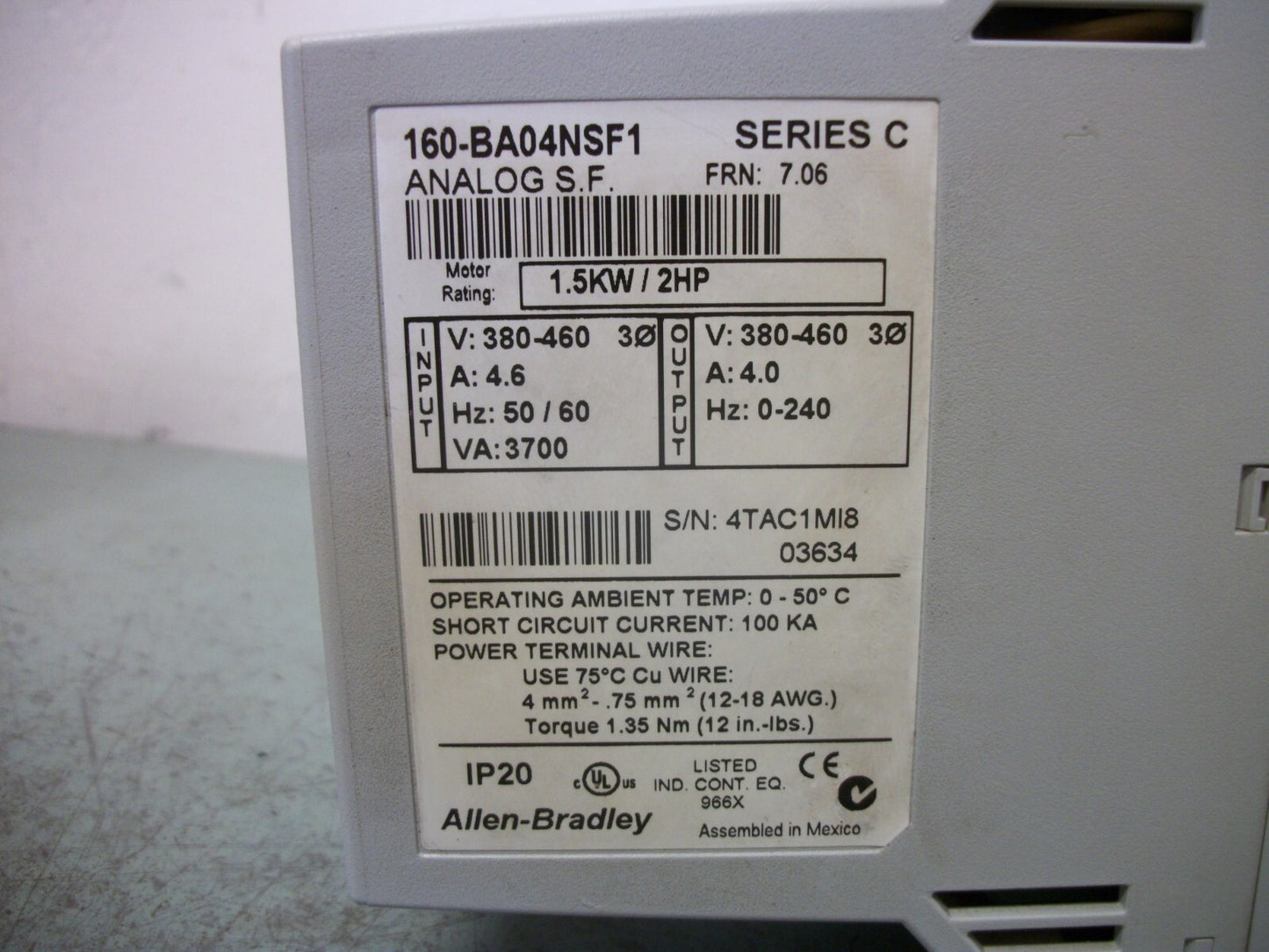 ALLEN-BRADLEY 2HP ANALOG S.F. SPEED CONTROLLER 160-BA04NSF1 460VOLT