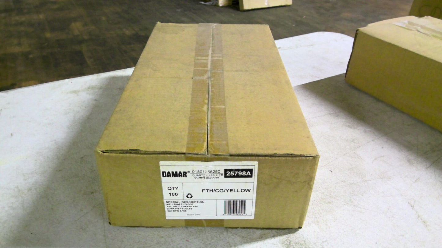 DAMAR 25798A BOX OF 100 MR11 FLOOD YELLOW QUARTZ HALOGEN BULBS FTH/CG/YELLOW NIB