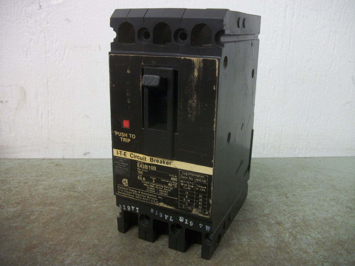 SIEMENS ITE E4-A CIRCUIT BREAKER E43B100 100AMP 480VOLT 3POLE
