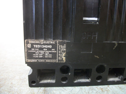 GE TED CIRCUIT BREAKER TED134040 40AMP 480VOLT 3POLE BLACK W/SHUNT