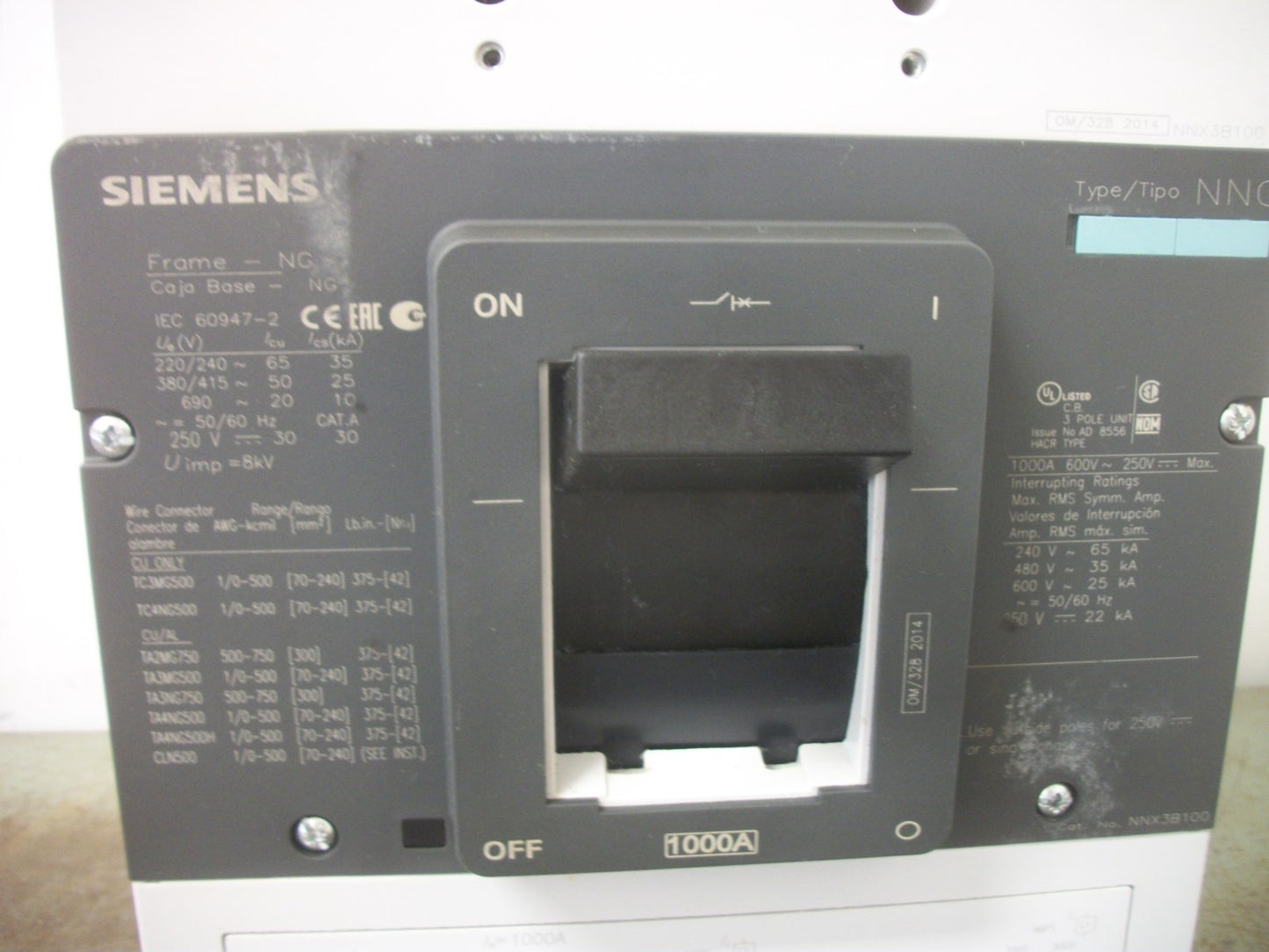SIEMENS NNG CIRCUIT BREAKER NNX3B100 1000AMP 600VOLT 3POLE