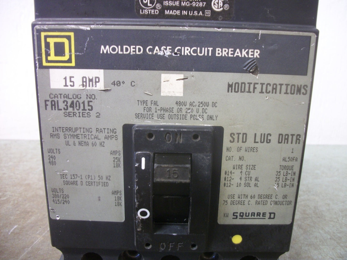 SQUARE D FAL CIRCUIT BREAKER FAL34015 15AMP 480VOLT 3POLE GRAY