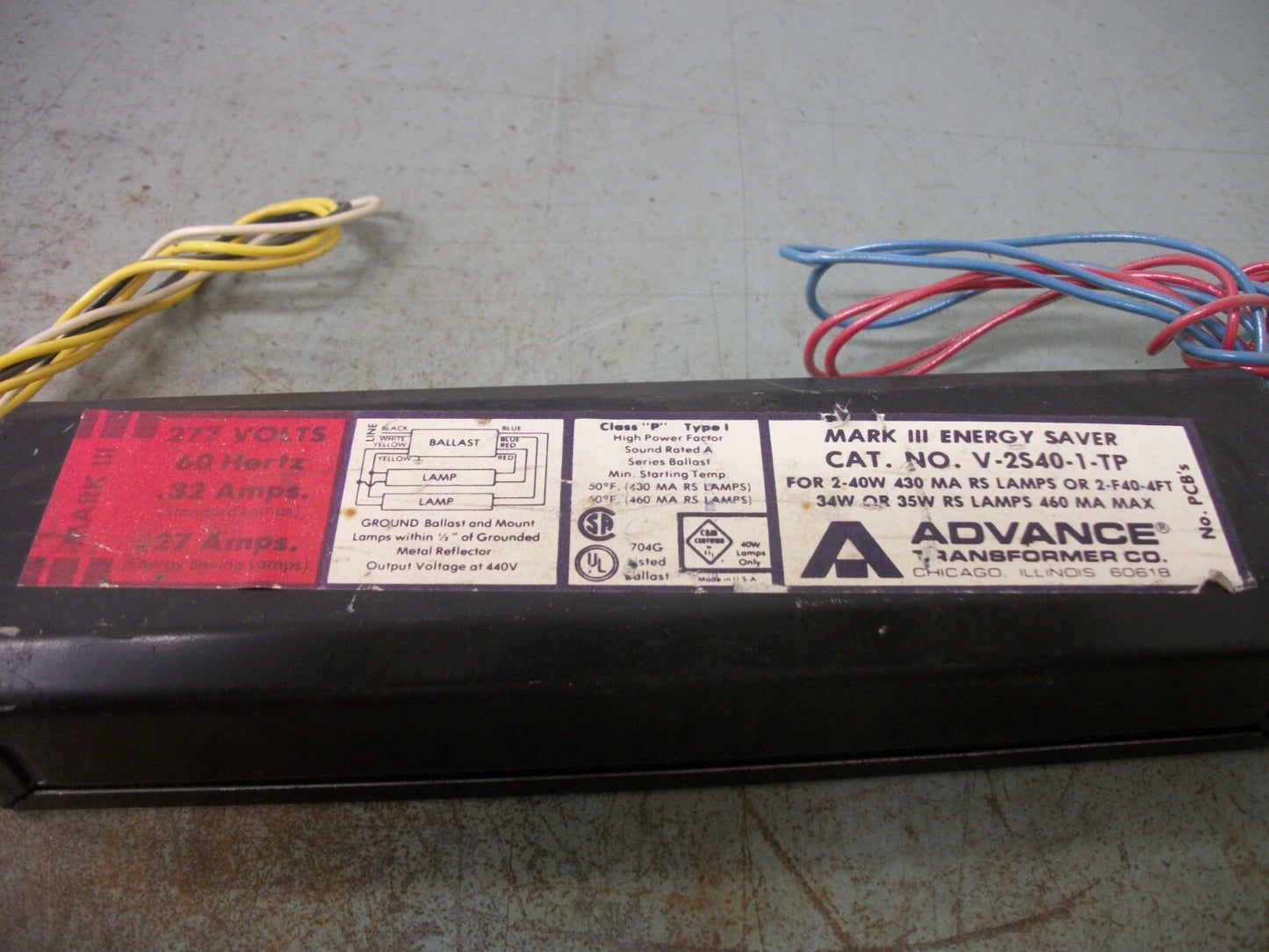 ADVANCE MARK III ENERGY SAVER BALLAST V-2S40-1-TP 277VOLT