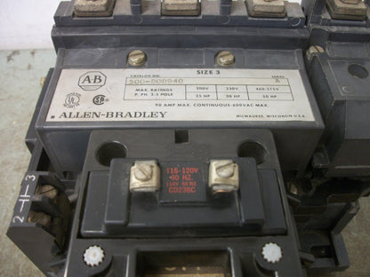 ALLEN-BRADLEY SIZE 3 CONTACTOR 500-DOD940 90AMP 120VCOIL 3PH 600VOLT 50HP