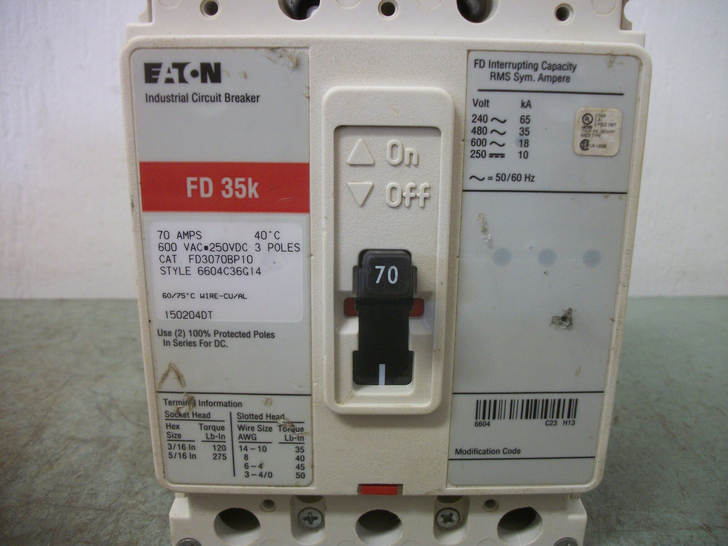 CUTLER-HAMMER FD CIRCUIT BREAKER FD3070BP10 70AMP 600VOLT 3POLE RED