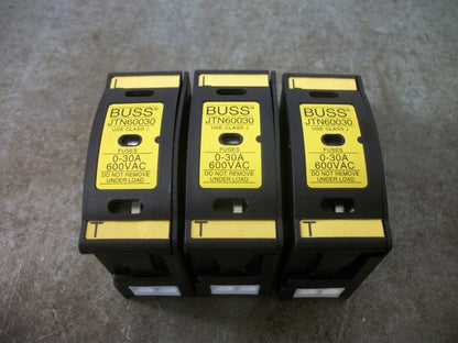 BUSSMANN LOT OF 3 CLASS J DIN RAIL FUSEHOLDERS JTN60030 30AMP 600VOLT 1POLE