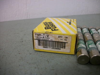 BUSSMANN BOX OF 10 FUSETRON FUSES FNM1/2 1/2AMP 250VOLT NIB