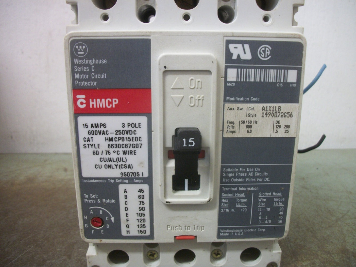 WESTINGHOUSE HMCP CIRCUIT BREAKER HMCP015E0C 15AMP 600VOLT 3POLE W/AUX