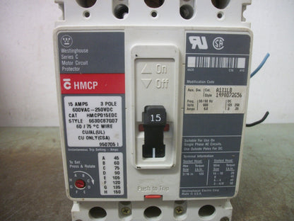 WESTINGHOUSE HMCP CIRCUIT BREAKER HMCP015E0C 15AMP 600VOLT 3POLE W/AUX