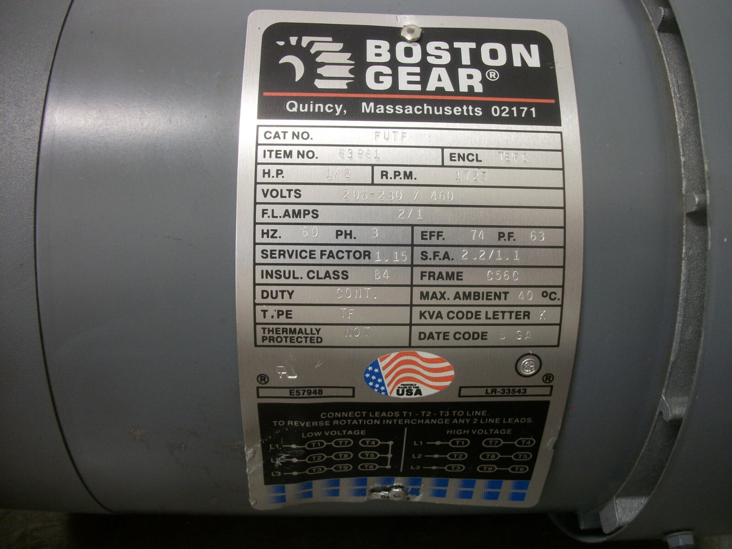 BOSTON GEAR C56C TEFC AC MOTOR FUTF 63961 460VOLT 3PH 1725RPM NOB