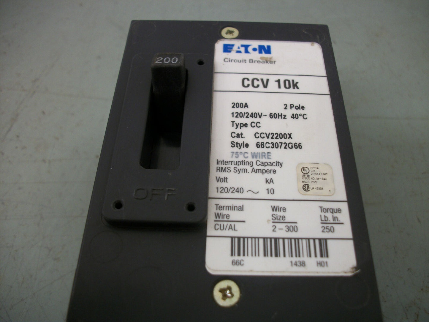 CUTLER-HAMMER CCV CIRCUIT BREAKER CCV2200X 200AMP 240VOLT 2POLE NOB