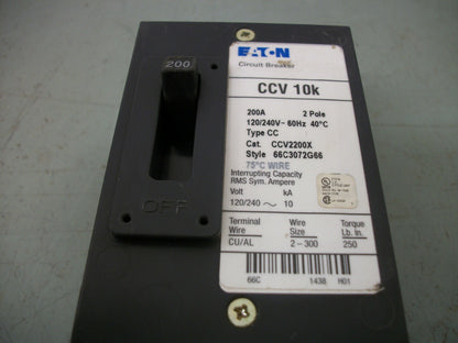 CUTLER-HAMMER CCV CIRCUIT BREAKER CCV2200X 200AMP 240VOLT 2POLE NOB