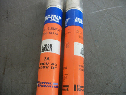 FERRAZ-SHAWMUT LOT OF 2 AMP-TRAP FUSES A6D2R 2AMP 600VOLT NOB