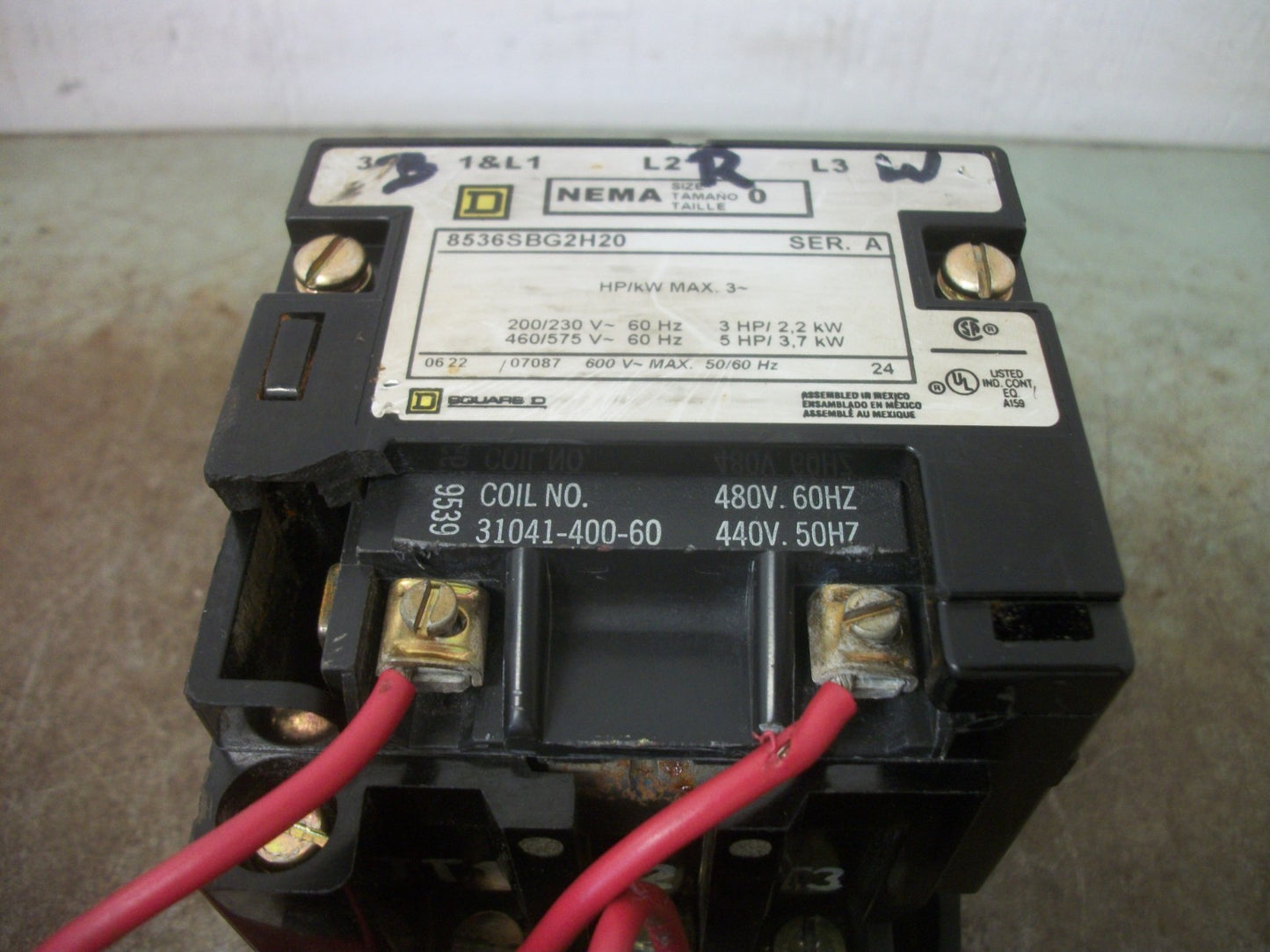 SQUARE D SIZE 0 MOTOR STARTER 8536SBG2H20 480VCOIL 3PH 600V 5HP MOTOR LOGIC