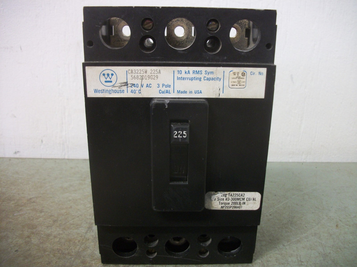 WESTINGHOUSE CA CIRCUIT BREAKER CA3225W 225AMP 240VOLT 3POLE