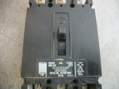 WESTINGHOUSE FB CIRCUIT BREAKER FB3015 15AMP 600VOLT 3POLE