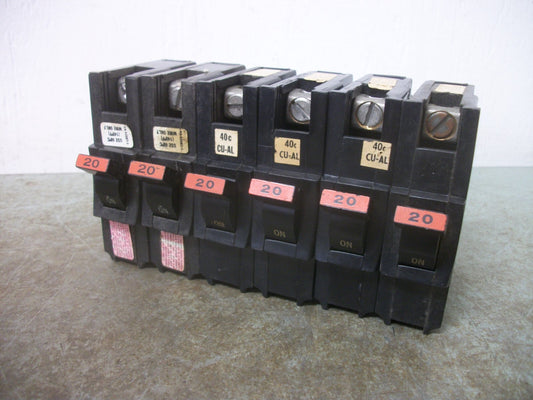 FEDERAL PACIFIC LOT OF 6 NA CIRCUIT BREAKERS NA120 20AMP 240VOLT 1POLE