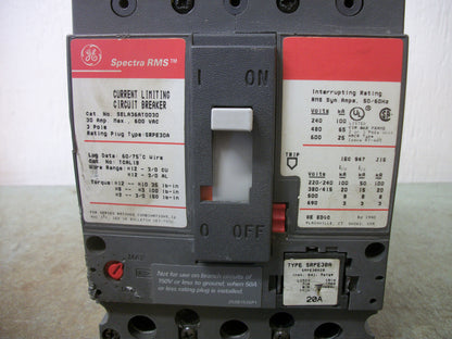 GE SPECTRA SELA CIRCUIT BREAKER SELA36AT0030 30AMP 600VOLT 3POLE W/20A TRIP