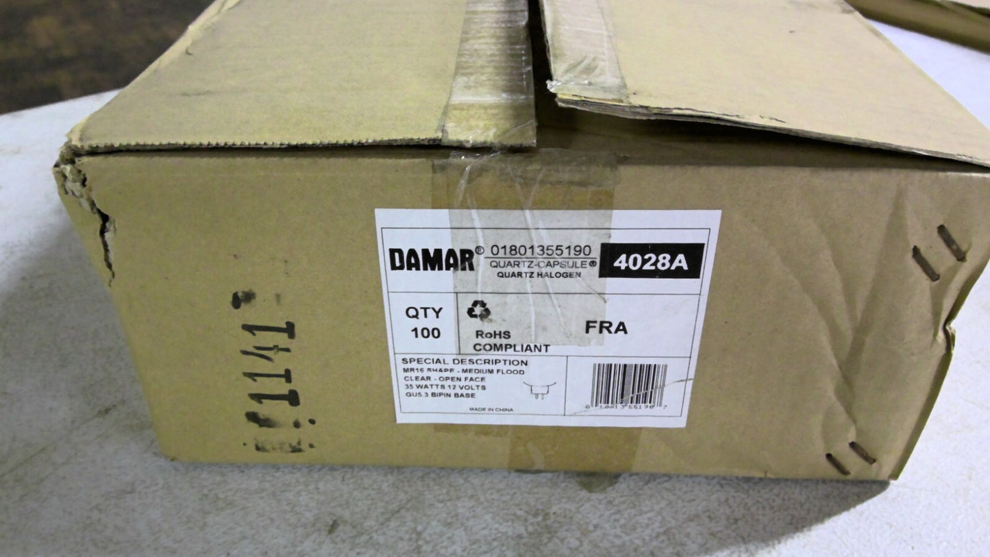 DAMAR 4028A BOX OF 100 MR16 MEDIUM FLOOD CLEAR QUARTZ HALOGEN BULBS FRA NIB