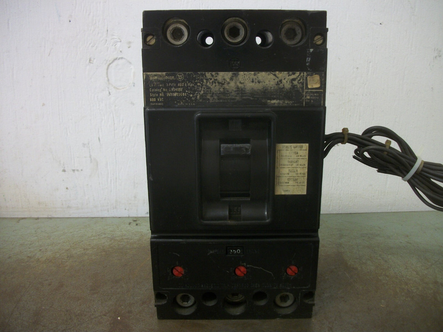 WESTINGHOUSE LB CIRCUIT BREAKER LB3400F 400AMP 600VOLT 3POLE W/350A TRIP & AUX