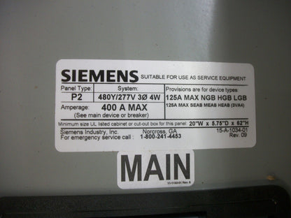 SIEMENS P2 PANELBOARD INTERIOR 400AMP 480Y/277VOLT 3PH W/400A MAIN NIB