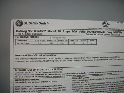 GE DISCONNECT TYPE 1 THN3362 60AMP 600VOLT 3POLE NON-FUSIBLE