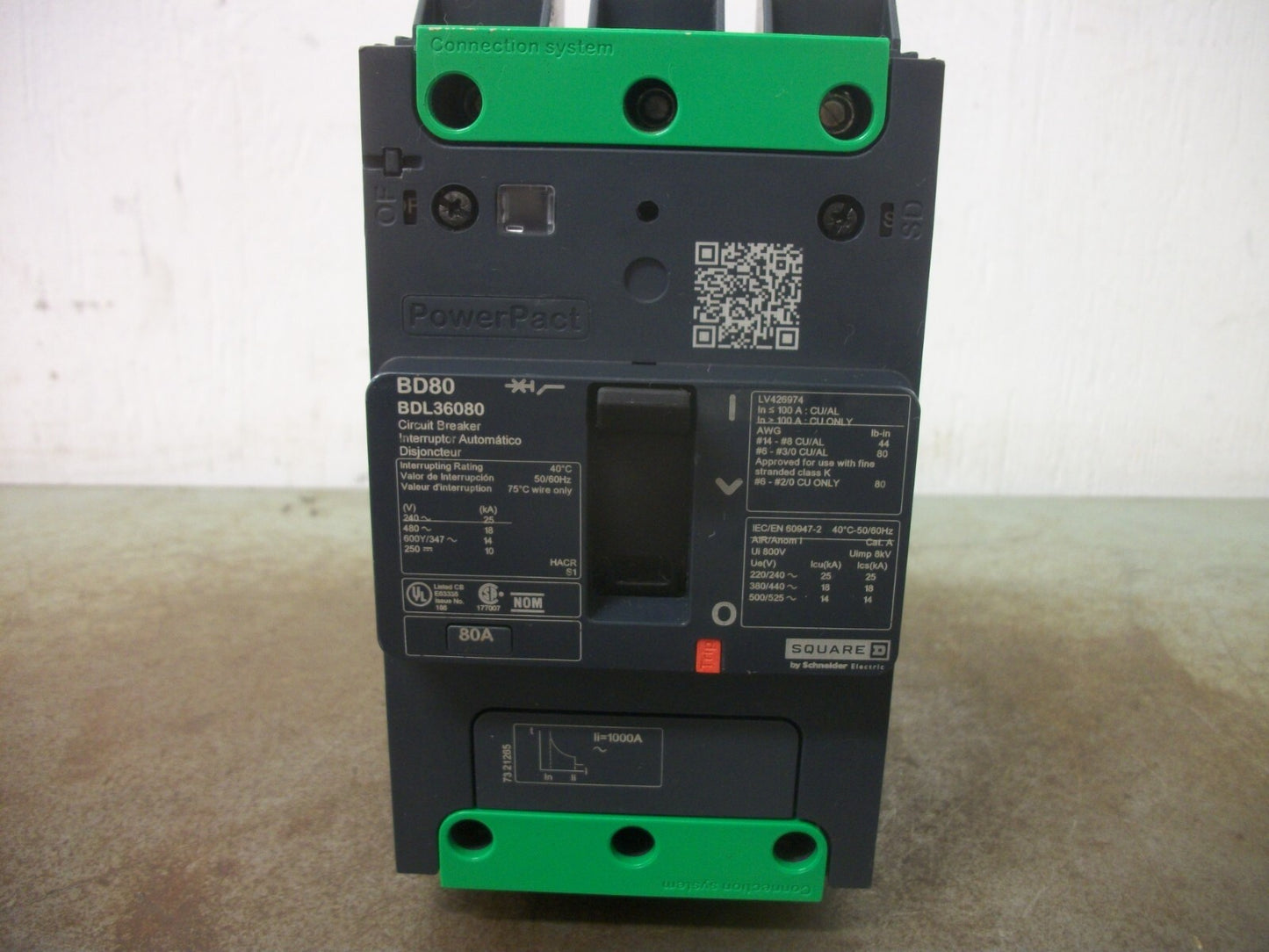SQUARE D POWERPACT BD CIRCUIT BREAKER BDL36080 80AMP 600VOLT 3POLE