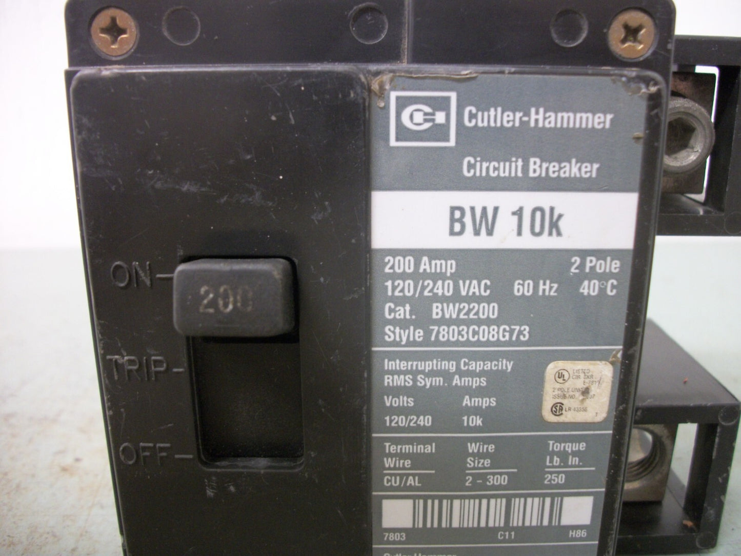 CUTLER-HAMMER BW CIRCUIT BREAKER BW2200 200AMP 240VOLT 2POLE