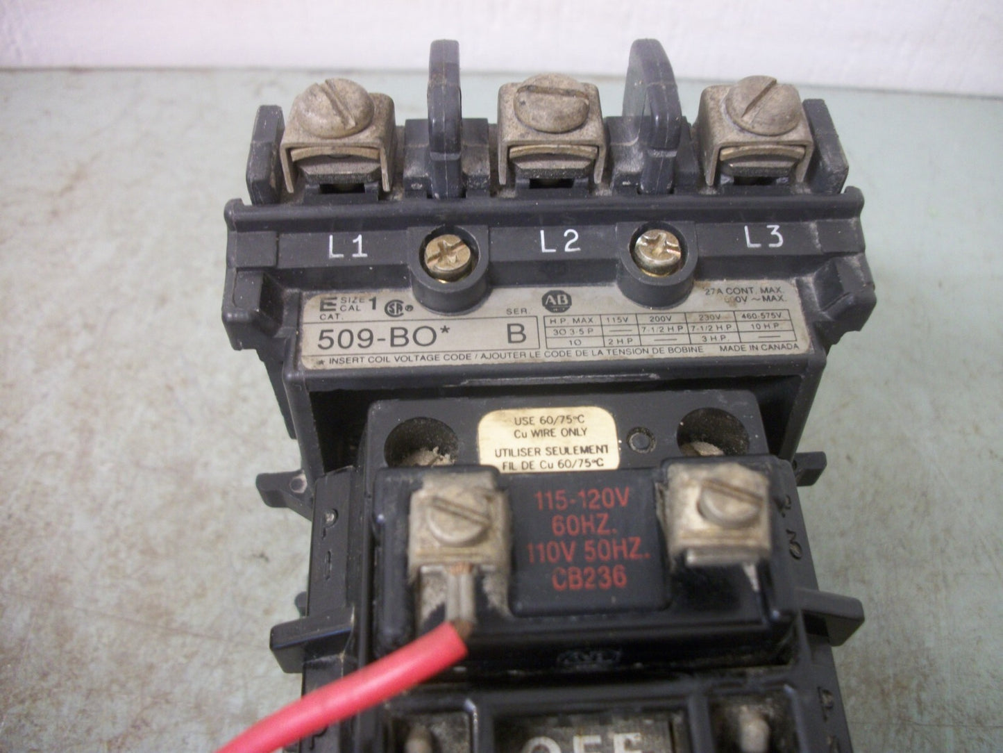 ALLEN-BRADLEY SIZE 1 MOTOR STARTER 509-BO* 27AMP 120VCOIL 3PH 600V 10HP