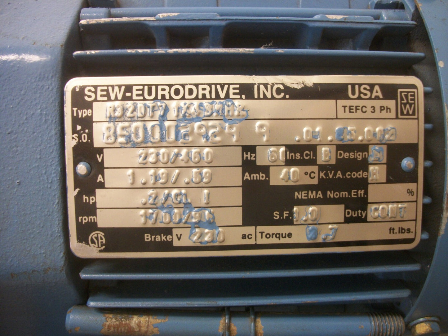 SEW-EURODRIVE .2HP TEFC AC GEAR MOTOR R32DT71X4BMHR 460VOLT 3PH 1700RPM