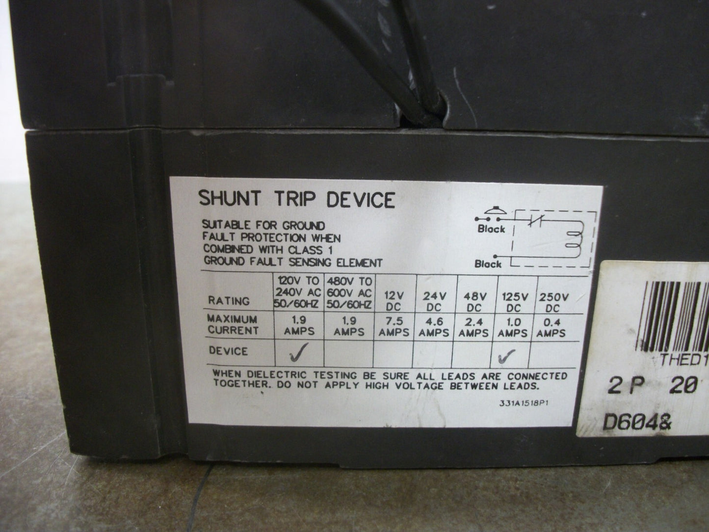 GE THED CIRCUIT BREAKER THED124020 20AMP 480VOLT 3POLE W/SHUNT NOB