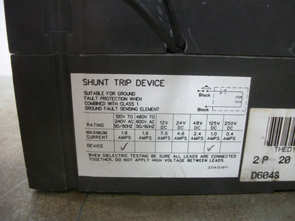 GE THED CIRCUIT BREAKER THED124020 20AMP 480VOLT 3POLE W/SHUNT NOB