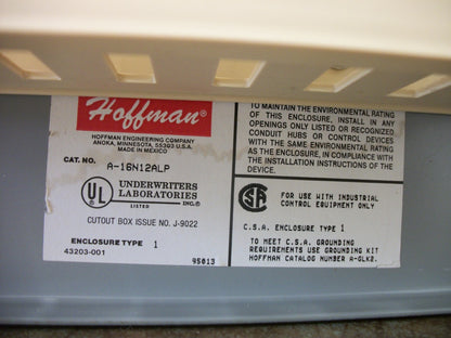 HOFFMAN ENCLOSURE 16 X 12 X 6.62  TYPE 1 A16N12ALP
