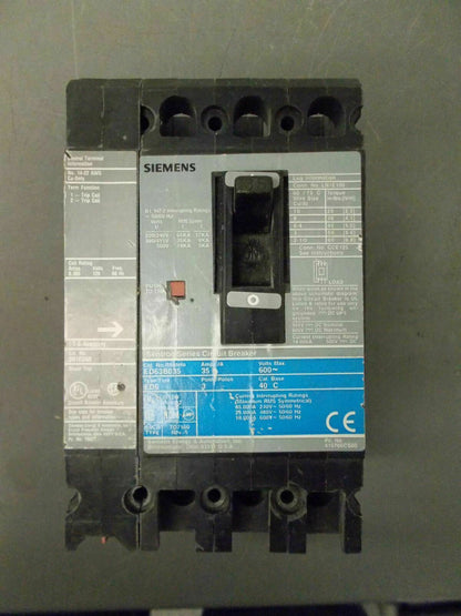 SIEMENS SENTRON ED6 CIRCUIT BREAKER ED63B035 35AMP 600VOLT 3POLE W/SHUNT